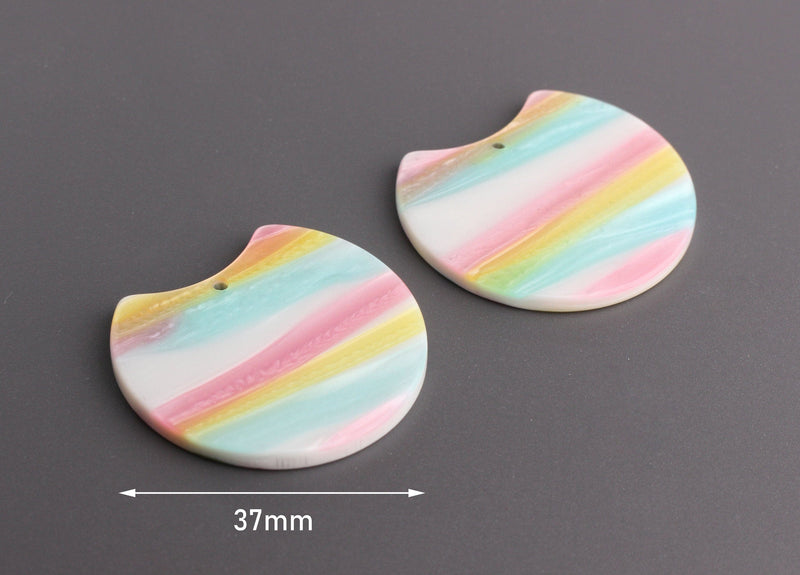 2 Pastel Beads with Pink Yellow Blue Stripes, Large Circle Discs, Pastel Goth Jewelry Findings, Acetate Tortoise Charms, CN117-37-PSTL