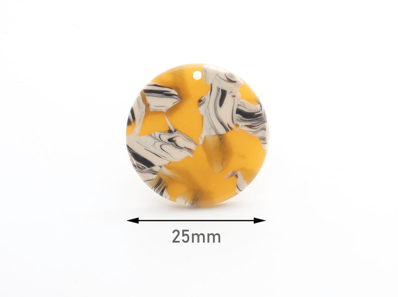 4 Flat Circle Pendants, Sunflower Yellow Tortoise Shell, Cellulose Acetate, 25mm