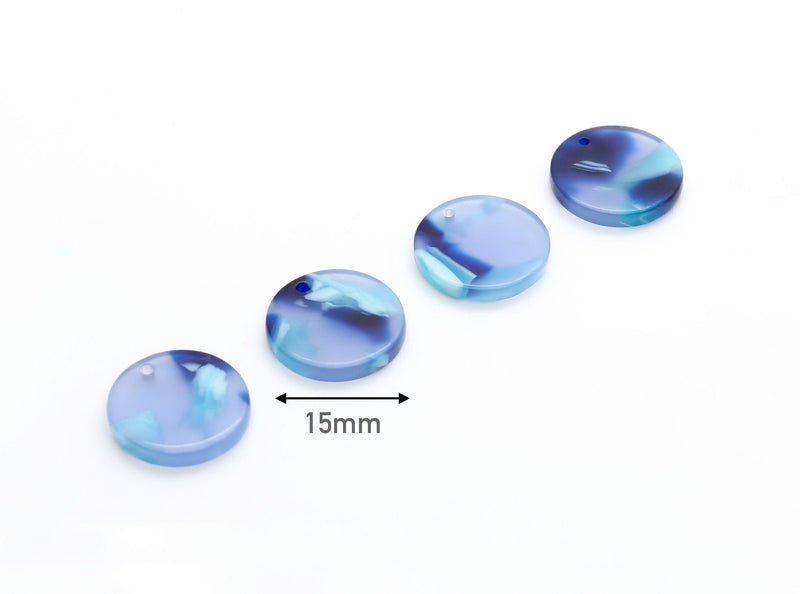 4 Flat Round Drops in Blue Tortoise Shell, Dark Blue Acetate Charms, Circle Blanks Half Inch Discs, Small Bracelet Charms, CN120-15-U03