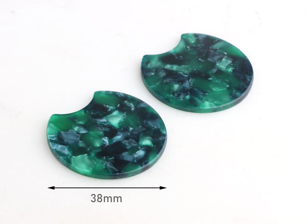 2 Dark Green Tortoise Shell Circle Cutouts, Green Acetate Findings, Large Half Circle Earring Making, Lucite Tortoise Pendants, CN121-38-DG1