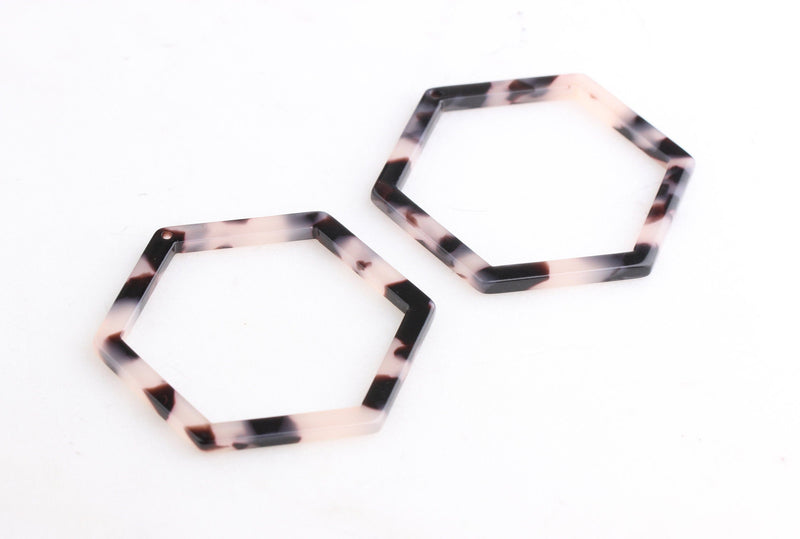 2 Open Hexagon Connectors, Blonde Tortoise Shell, Ring Links, Great for Resin Settings, Cellulose Acetate, 45mm