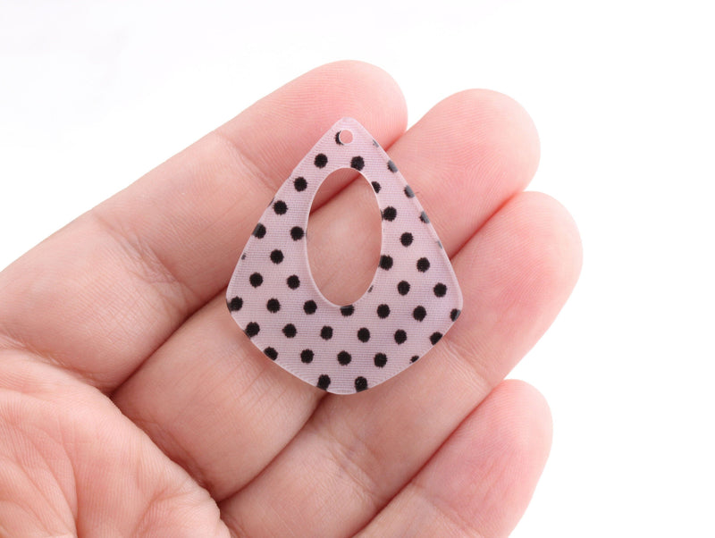 4 Black White Dot Charms, Resin Earring Blanks, White Transparent Acrylic Cut Shapes, Teardrop with Hole, Polka Dot Charms, TD027-34-DOT01