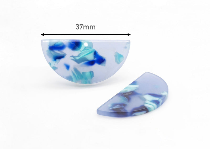 2 Half Circle Necklace Blanks, Transparent Blue Resin Charm, Fake Sea Glass, Semicircle Acetate Charm, Tortoise Shell Supply, CN098-37-U03