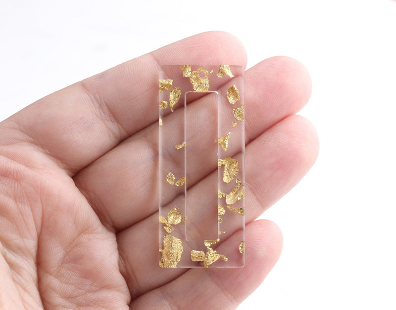 2 Transparent Acrylic Rectangle Ring, Clear Acrylic Pendant, Transparent Gold Flakes, Rectangle Frame, Clear Plastic Charms, DX044-50-CGF