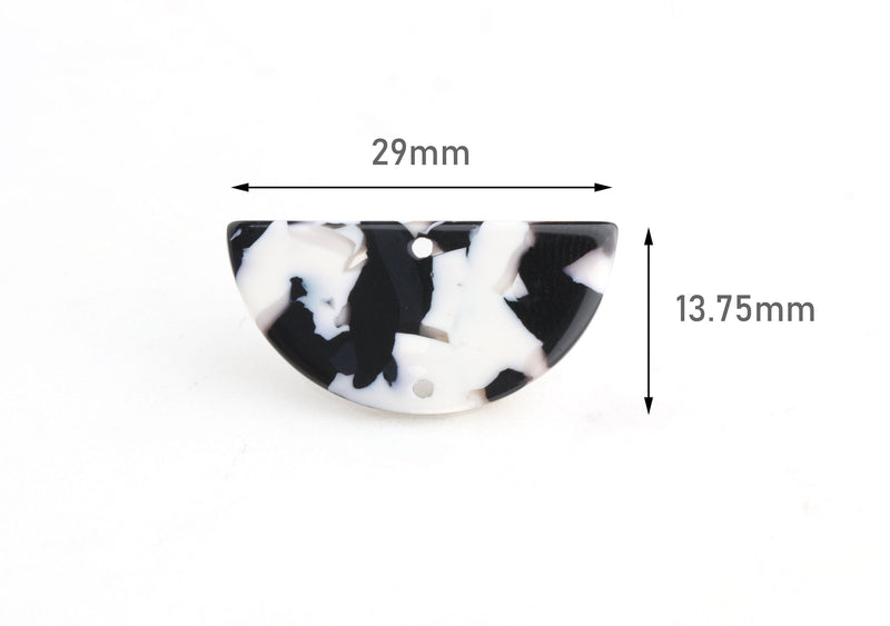 2 Half Circle Links with Two Holes, Black and White Marble, Cellulose Acetate, 29 x 13.75mm