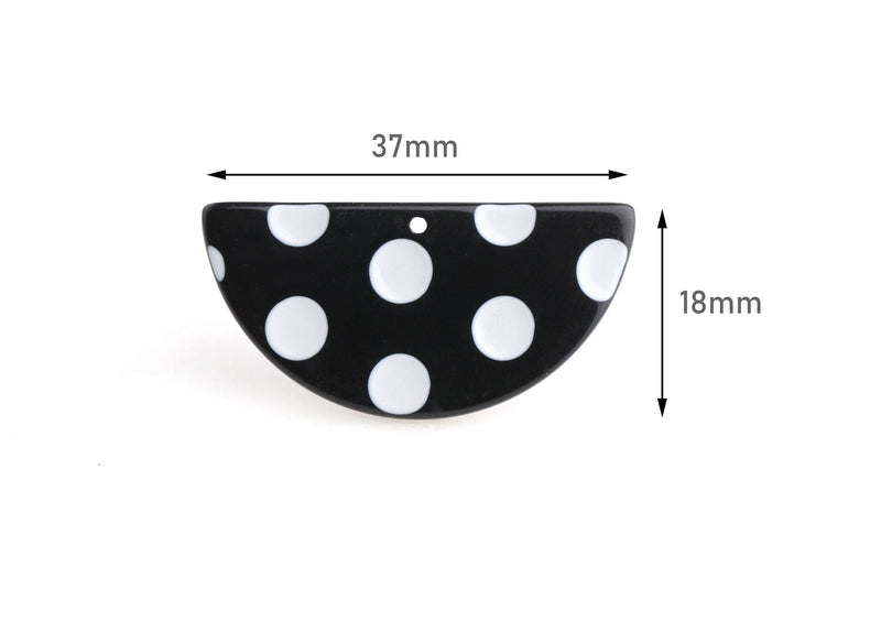 2 Half Circle Pendants, White and Black Polka Dots, Cellulose Acetate, 37 x 18mm