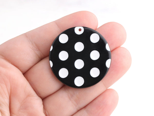 4 Large Disc Blanks, Black Polka Dot Pattern, One Sided Charms, Cellulose Acetate, 35mm