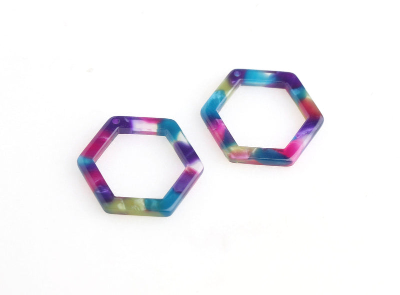 4 Mardi Gras Tortoise Shell Connectors, Purple Green Beads, Earrings Hexagon Drops, Honeycomb Charms, Resin Connectors, DX057-24-GXY2