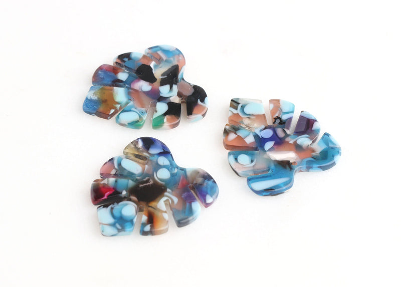 2 Blue Monstera Earring Blanks, Random Colors, Tropical Leaf Beads, Transparent Blue Acetate Charm, Blue Resin Palm Leaf Charm, FW019-30-MC03