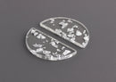 2 Clear Acrylic Half Circle Discs, Silver Foil Leaf Flakes, Transparent Acrylic, Designer Charms, 37 x 18mm