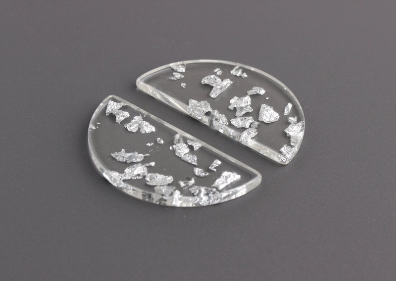 2 Clear Acrylic Half Circle Discs, Silver Foil Leaf Flakes, Transparent Acrylic, Designer Charms, 37 x 18mm