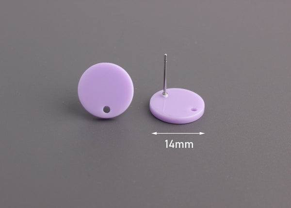 4 Flat Round Studs in Lavender Purple, Purple Acrylic Blanks 14mm, Small Circle Stud with Hole, Light Purple Earring Parts, EAR061-14-PL04