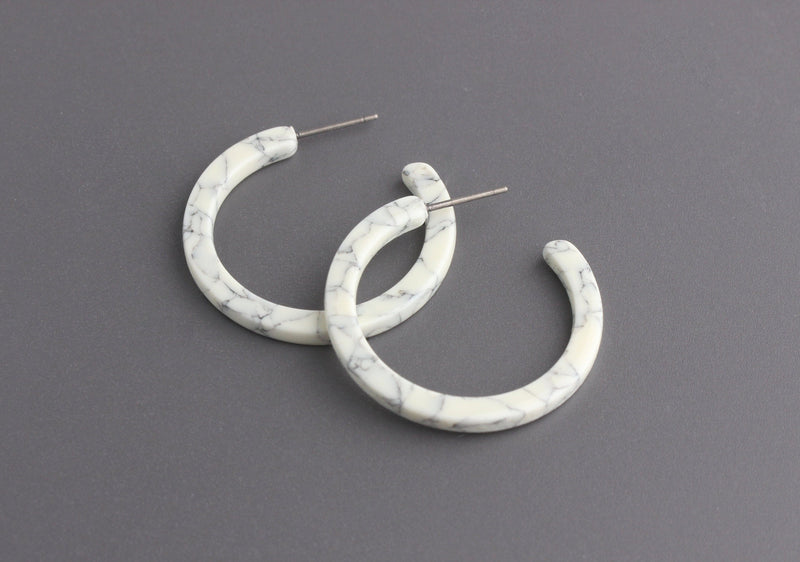White Marble Earrings Findings, 1 Pair, Acetate Acrylic Hoop Findings, Resin Hoop Earrings, Small Dainty Hoops, Lucite Hoops, EAR053-30-W04 No