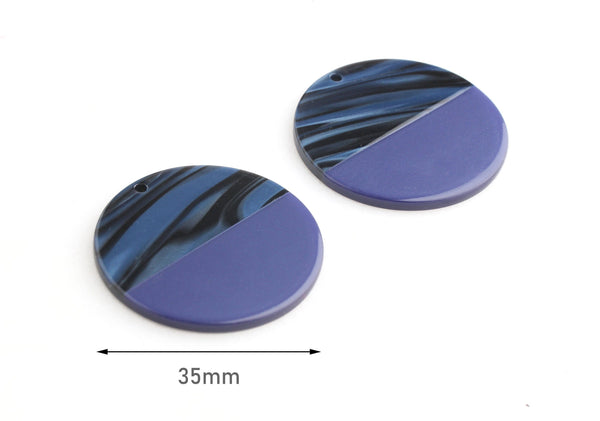 2 Indigo Blue Zebra Stripe Beads, 1.5" Circle Charms, Violet Blue Beads, Blue Tortoise Shell Charm, Blue Resin Earring Parts, CN149-35-2BUU