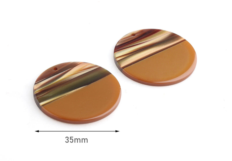 2 Acetate Pendant with Brown Zebra Stripes, 1.5 Inch Discs, Large Round Charm, Golden Brown Tortoise Shell Bead, Gold Stripes, CN152-35-2BRB