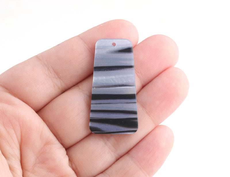 2 Trapezoid Charms in Blue Zebra Print, Black Stripes, Glitter Acrylic, 37 x 19mm