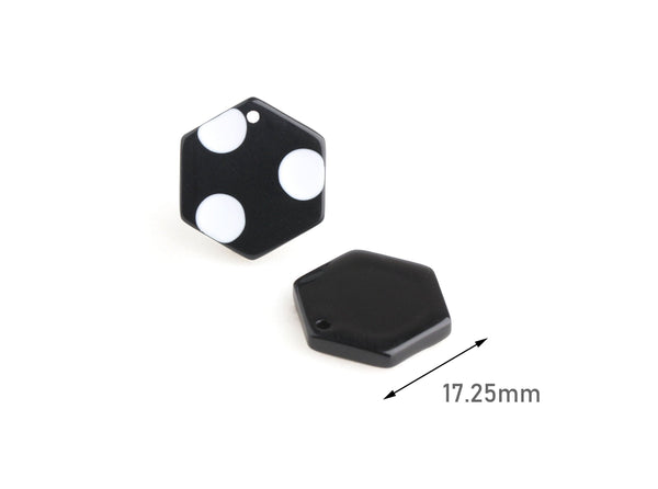 4 Black Hexagon Charms with Polka Dots, Hex Beads, Mini Hexagon Pendant, Mod Necklace, Black Acetate Charm, Single Sided Charm, DX062-17-BDOT