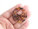 2 Round Circle Pendants with Ornate Scrollwork, Faux Tortoise Shell, Fretwork Beads, Cellulose Acetate, 40 x 38mm