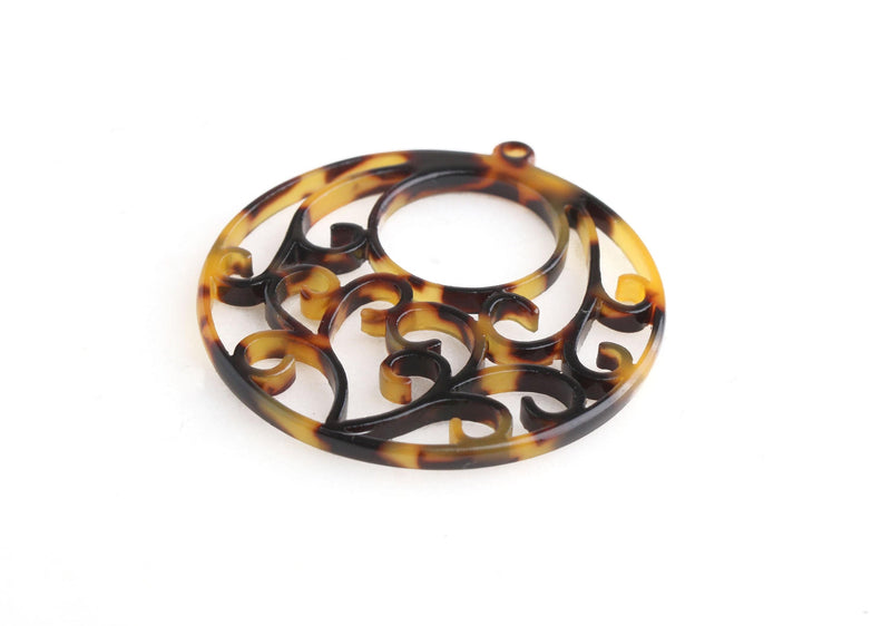2 Round Circle Pendants with Ornate Scrollwork, Faux Tortoise Shell, Fretwork Beads, Cellulose Acetate, 40 x 38mm