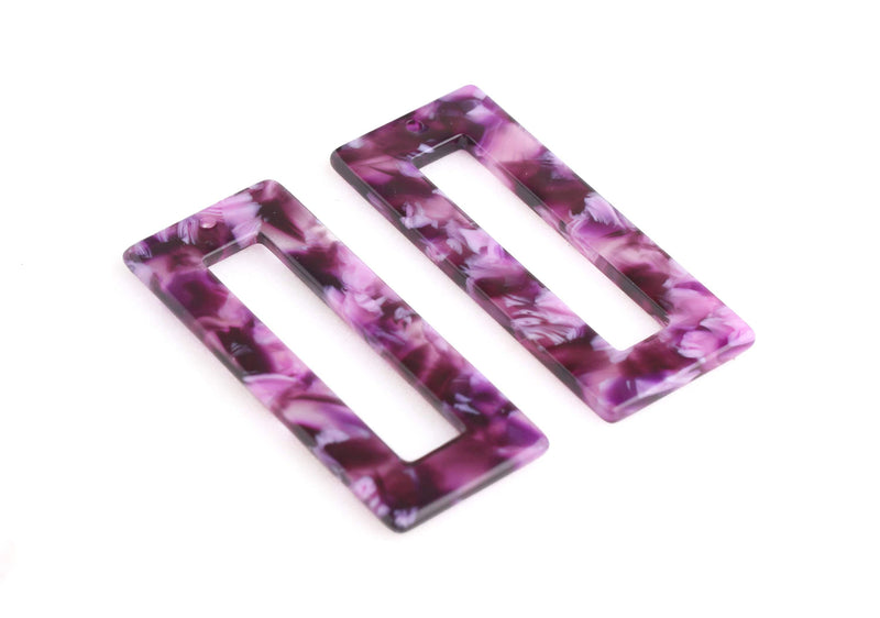 2 Open Rectangle Blanks in Purple Tortoise Shell, Lucite Charms, Acetate Pendant, Violet Earring Findings, Purple Lucite Bead, DX063-50-PL01
