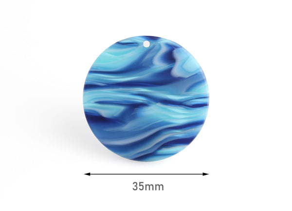4 Extra Large Round Discs, Water Blue Tortoise Shell, Wavy Stripes, Cellulose Acetate, 35mm