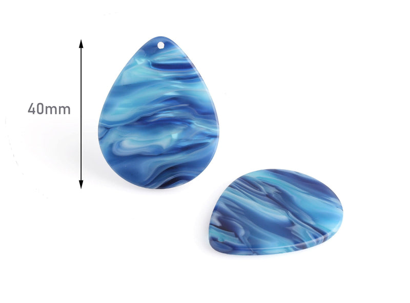 4 Big Teardrop Blanks, Water Blue Tortoise Shell, Wavy Stripes, Cellulose Acetate, 40 x 31.5mm