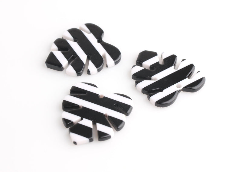 2 Monstera Leaf Pendants, Black and White Stripes, Cellulose Acetate, 29.5 x 26mm