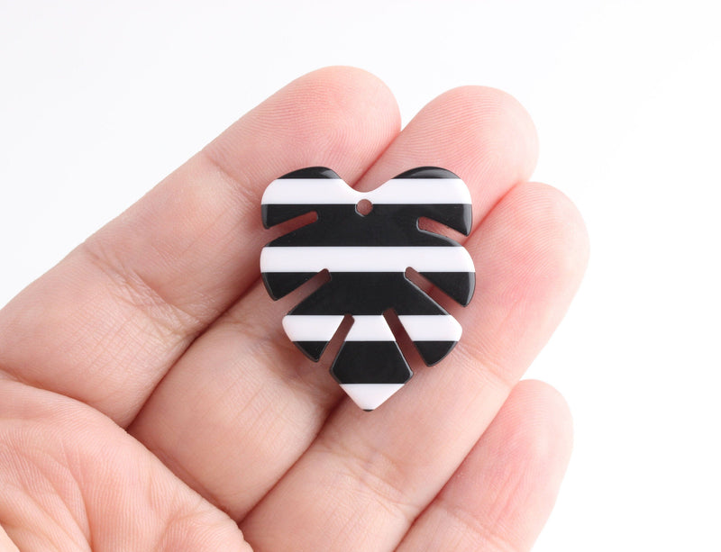 2 Monstera Leaf Pendants, Black and White Stripes, Cellulose Acetate, 29.5 x 26mm