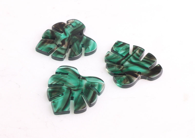 2 Transparent Green Resin Leaf Charms, Black Swirls, Fern Leaf Charms, Smokey Green Leaf Earring Findings, Palm Leaf Jewelry, FW033-30-GN03