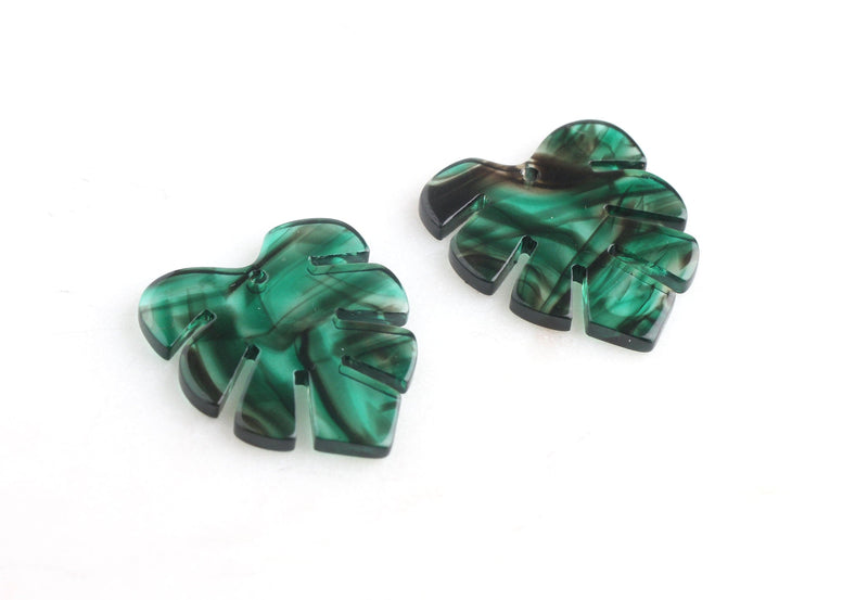 2 Transparent Green Resin Leaf Charms, Black Swirls, Fern Leaf Charms, Smokey Green Leaf Earring Findings, Palm Leaf Jewelry, FW033-30-GN03