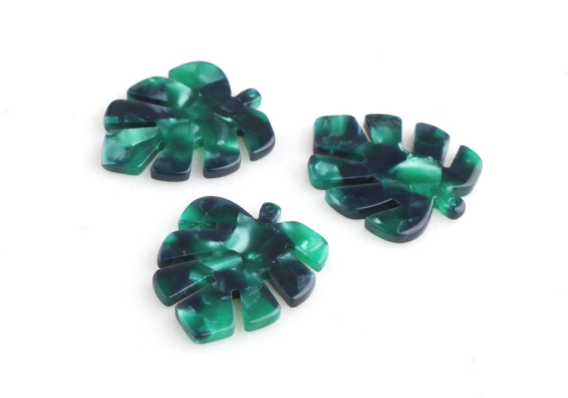 2 Palm Frond Leaf Charms, Vintage Green Tortoise Shell, Montsera Plant, Cellulose Acetate, 30 x 24.25mm