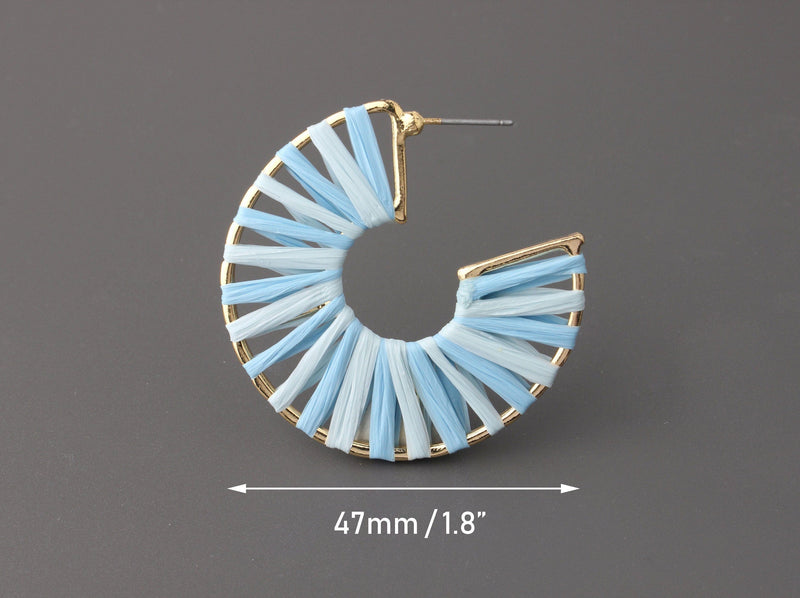 Blue Raffia Earring Parts, 1 Pair, Gold Wire Frame Earrings, Woven Hoops, Wicker Earrings, Wide Hoop Earring Supply, 2 Inch Hoops, EAR056-47