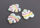 2 White Monstera Leaf Charms with Pastel Rainbow Stripes in Blue, Yellow and Pink, Cellulose Acetate, 29.5 x 26mm