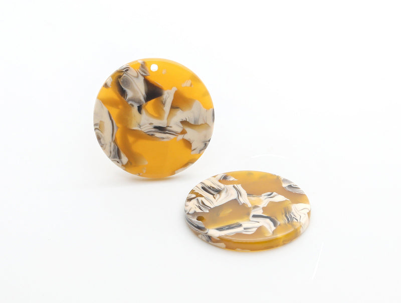 4 Flat Circle Pendants, Sunflower Yellow Tortoise Shell, Cellulose Acetate, 25mm