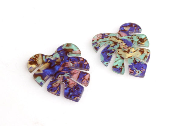 2 Tropical Jungle Leaf Charms, Laser-Cut Acrylic Earring Parts, Paua Abalone Shell Beads, Blue Green Resin Leaf Charms, FW030-28-IM01