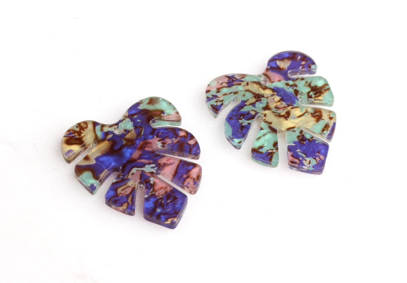 2 Tropical Jungle Leaf Charms, Laser-Cut Acrylic Earring Parts, Paua Abalone Shell Beads, Blue Green Resin Leaf Charms, FW030-28-IM01