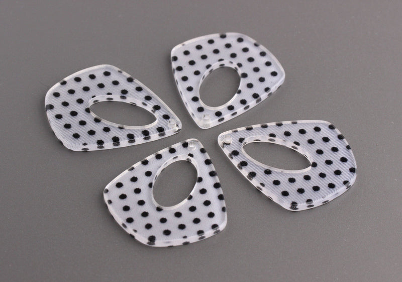 4 Black White Dot Charms, Resin Earring Blanks, White Transparent Acrylic Cut Shapes, Teardrop with Hole, Polka Dot Charms, TD027-34-DOT01