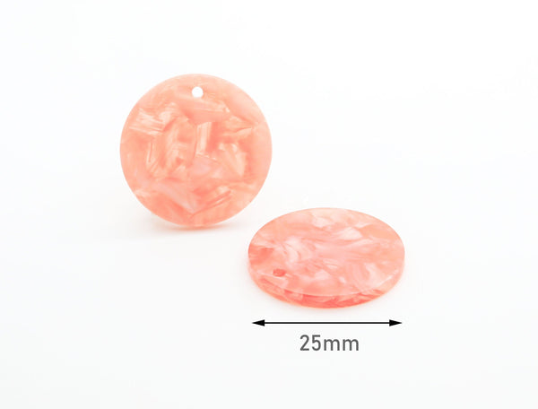 4 Coral Pink Charms, 1 Inch Discs, Peach Marble Charm, Necklace Blanks, Pink Tortoise Shell Charm, Resin Slab Earring Supplies, CN130-25-PK06