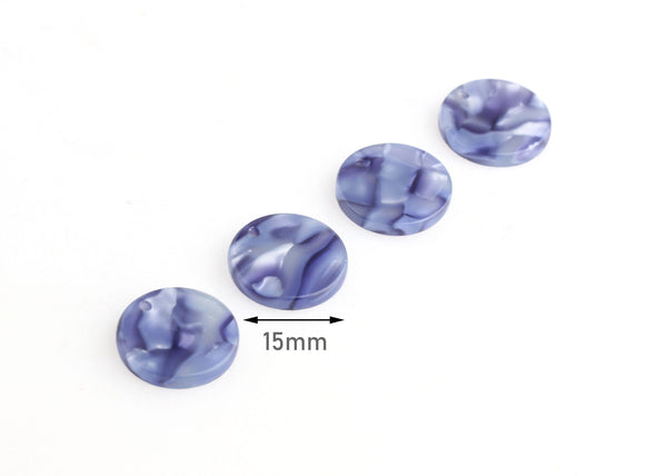 4 Cornflower Blue Tortoise Shell Charms, 15mm Circle Discs, Pearlescent Beads, Fake Sapphire, Acrylic Stud Earring Blanks, CN132-15-U06