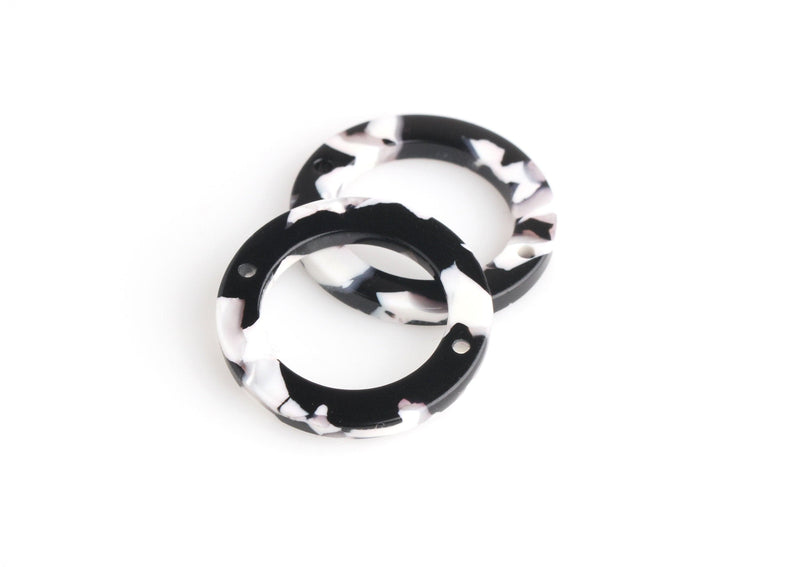 4 Connector Rings, Black and White Tortoise Shell Link, Resin Tortoise Bead, Bracelet Link, Donut Ring Link, Circle Ring 2 Holes, RG072-25-BW