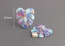2 Small Monstera Leaf Dangles, Blue Watercolor Tortoise Shell with Pink and Yellow, Cellulose Acetate, 29 x 25.5mm