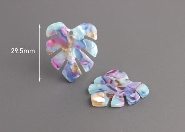 2 Small Monstera Leaf Dangles, Blue Watercolor Tortoise Shell with Pink and Yellow, Cellulose Acetate, 29 x 25.5mm