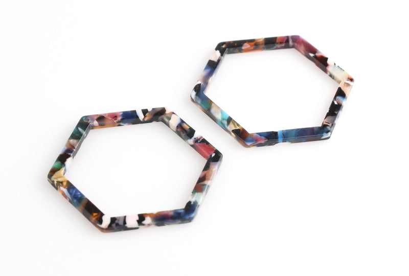2 Acrylic Laser Cut Hexagon Pendant, Multicolor Tortoise Shell, Plastic Colorful Rings, Cellulose Acetate Charm, Linking Rings, DX071-45-DMC