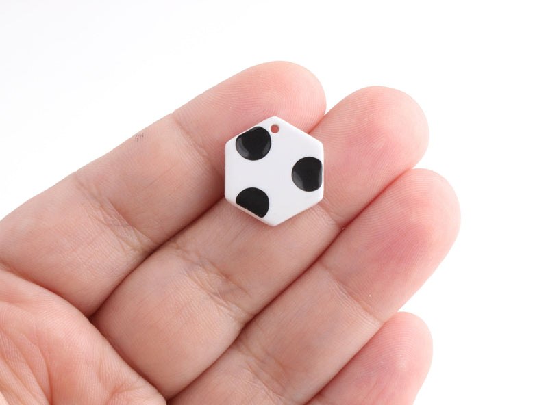 4 Acrylic Charms with Polka Dots, Hex Beads, Geometric Charms White Black Dots, Hexagon Earring Components, One Sided Charms, DX072-17-WDOT