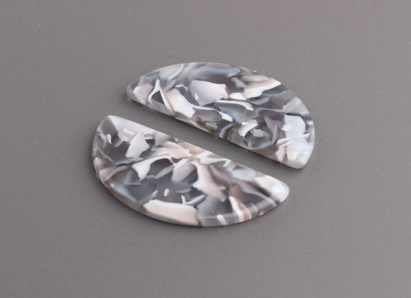 2 Half Moon Earring Components, Dove Grey Tortoise Shell, Acetate, 37 x 18mm