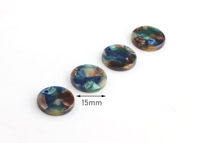 4  Round Circle Sequin Charms, Blue Green Brown, Dot Charms, Acetate Tortoise Shell Supply, Plastic Disc Blanks, Earth Tones, CN138-15-ETH