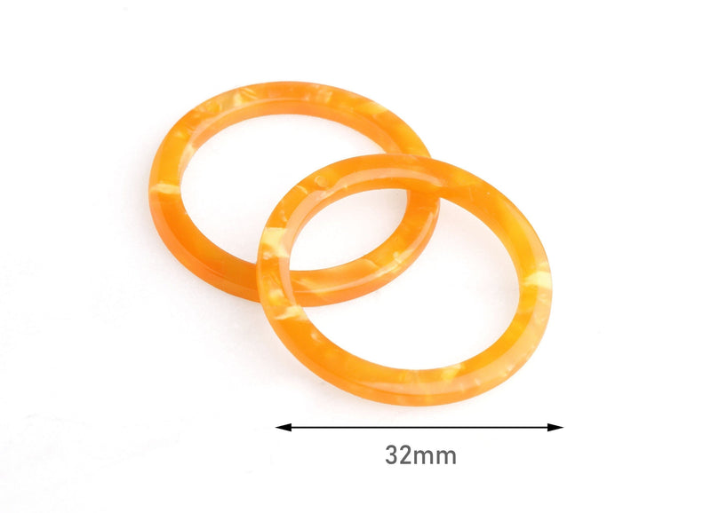 2 Craft Rings, Resin Connectors, Neon Orange Acrylic Circle Ring Links