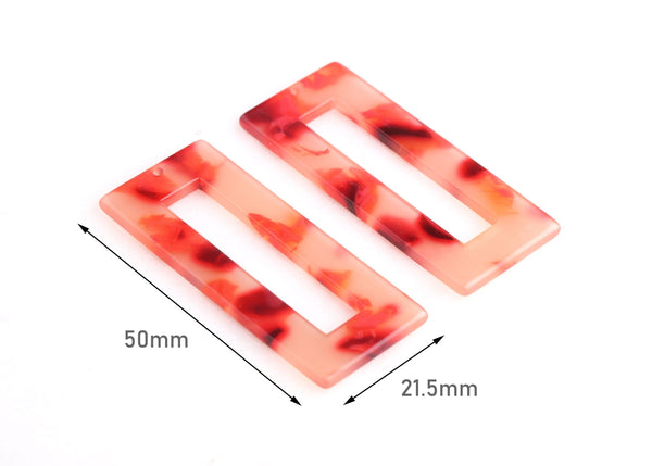 2 Cutout Rectangle Blanks, Translucent Red Tortoise Shell Earring Supplies, Marbled Red Acetate Pendant, Red Amber Beads, DX058-50-RD01