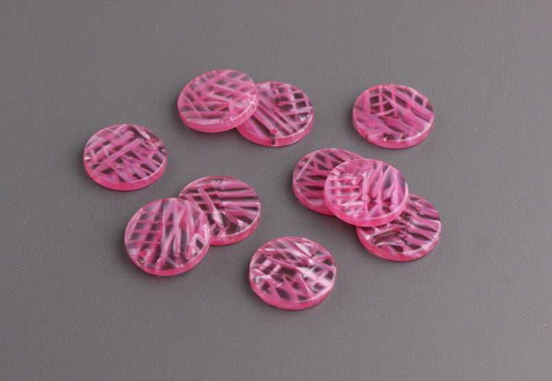 4 Disc Circle Charms in Pink Tortoise Shell, Criss Cross, Transparent Pink Acrylic Bead, Small Round Circle, Pink Fluorescent, CN142-15-PK07
