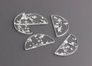 2 Clear Acrylic Half Circle Discs, Silver Foil Leaf Flakes, Transparent Acrylic, Designer Charms, 37 x 18mm
